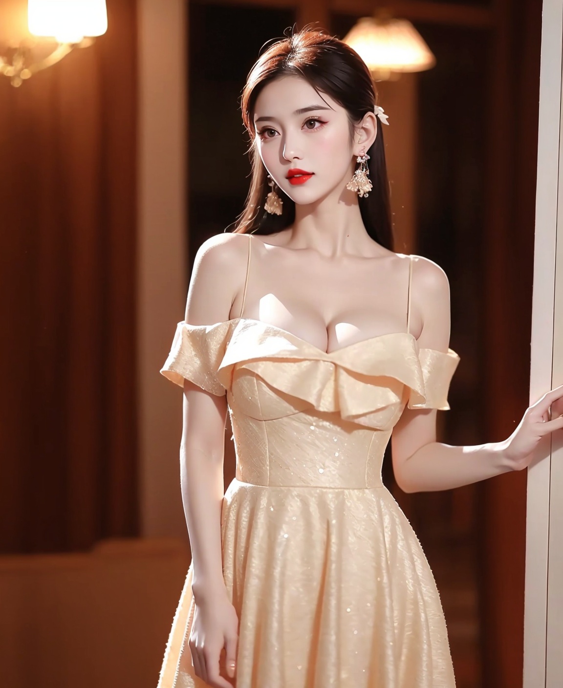 1girl, ,,Diamond Earrings , see-through, , floral_print, , solo, brown_hair, with heavy makeup，red lips，Moisturizing red lips，，dress，white_dress，，solo，cleavage，，  <lora:伴娘服1.3:1>