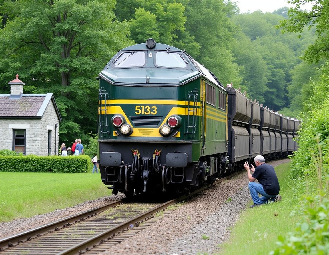 A dark green diesel locomotive,  number 5183,  moves along railway tracks amidst a verdant landscape. The train's cab is a...