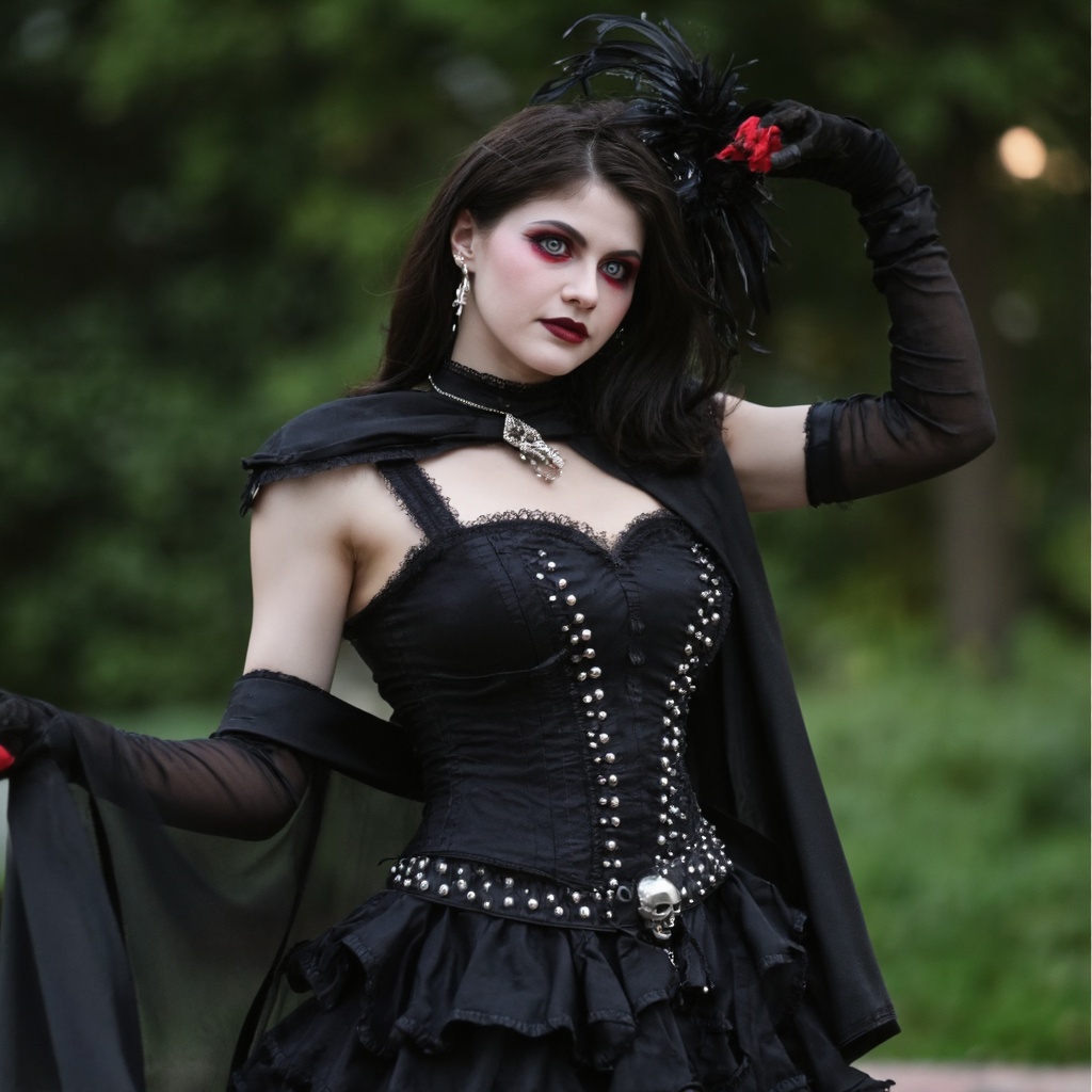 A portrait of alexandra_daddario dressed in a gothic-inspired costume,  standing outdoors against a blurred background of...