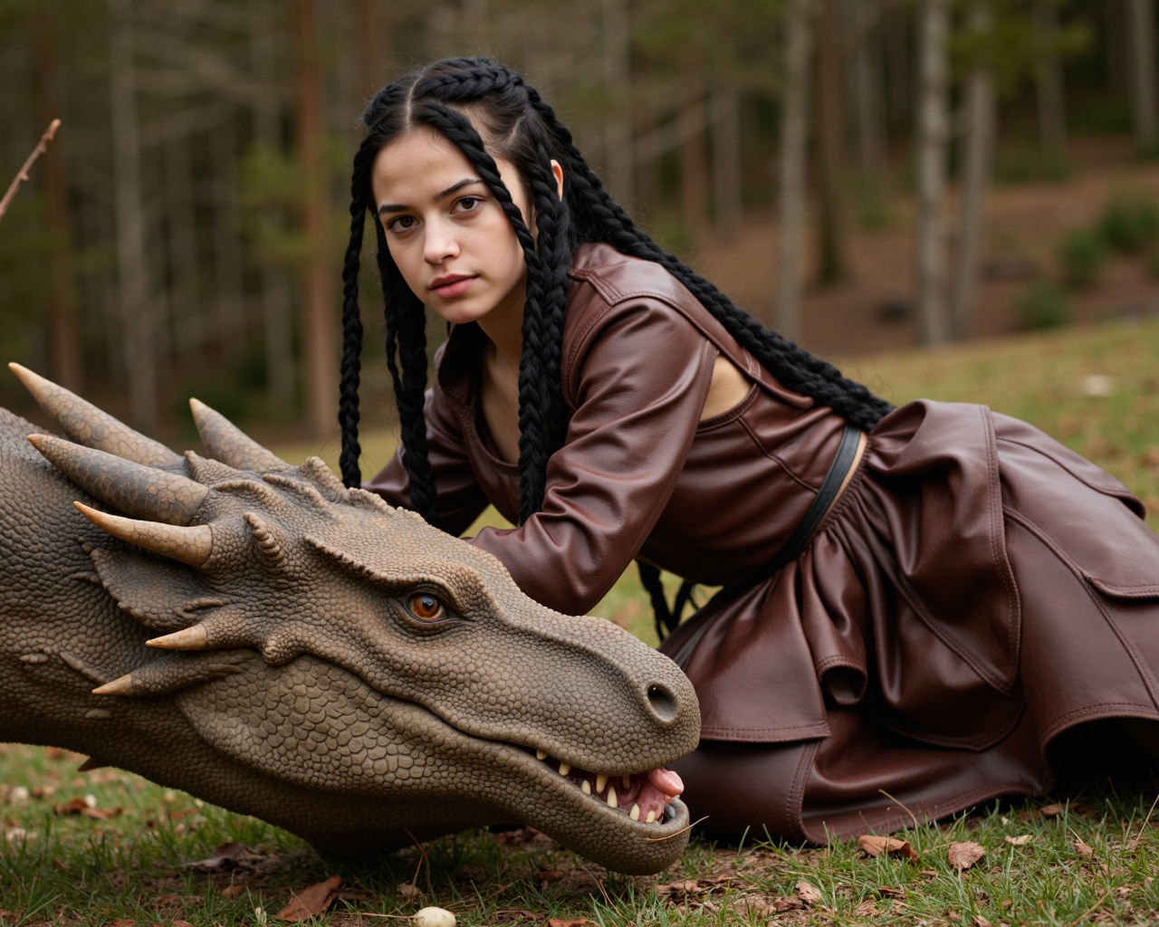 high definition cinematic photo of an 18 year old girl on all fours with a dragon,  spring time,  action poses on Tensor.Art