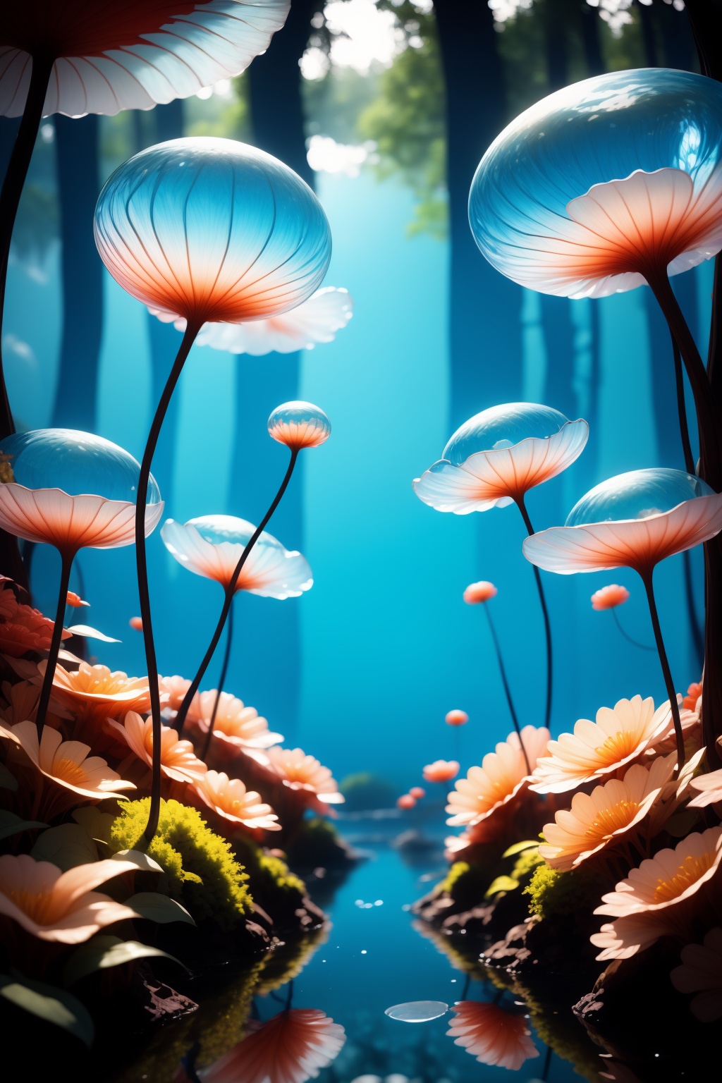 <lora:AgainWonderlandForest:1>,AgainWonderlandForest, scenery, nature, flower, no humans, forest, tree, blurry, water, outdoors, transparent, bubble, depth of field, reflection, blue theme, paper, plant, sunlight, fantasy, solo