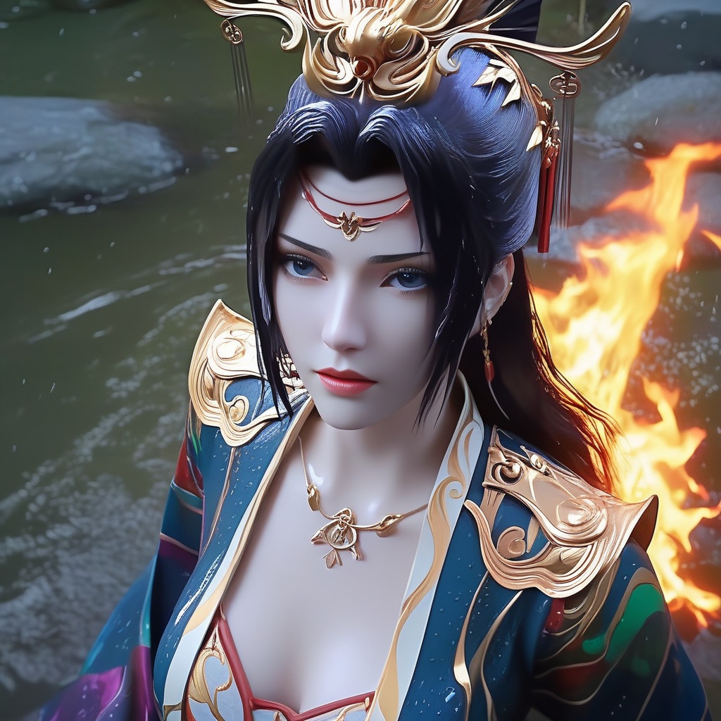 <lora:842-DA-XL-斗破苍穹-云韵-婚服:0.8>, (,1girl, ,best quality, ),,  ,(Highest picture quality), (Master's work), , (ultra-detailed), the portrait is centered, 1girl, raiden shogun, nsfw, (wet clothes), blush, bare hips, (sheer shirt), (from above:1.7), (translucent dress), water drop, (rain), (outdoors), stained, wet hair, wet dress, wet, scenery, (long hair), nature background, close up, ((on back)), water,masterpiece, best quality, ultra high res, highly detailed, (abstract expressionism art:1.4), [girl | fire ghost:10], love,, dark rainbow theme, colorful, visually stunning, beautiful, gorgeous, emotional, intricate, perferct shading, rainbow hair,upper body,(cleavage),,