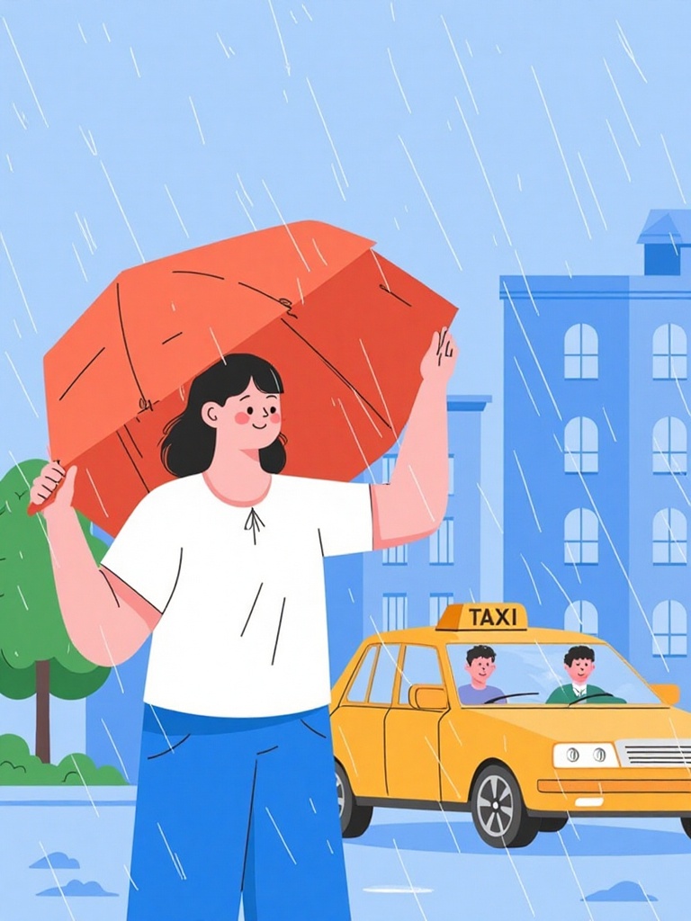 sf,sf, is an illustration of a person standing in the rain, holding a large red umbrella. The person is wearing a white shirt and blue pants. In the background, there is a yellow taxi cab with a "TAXI" sign on top. The taxi has two passengers inside, one of whom is a driver. The scene is set in an urban environment with buildings and a tree visible. The rain is depicted with blue lines falling from the sky.