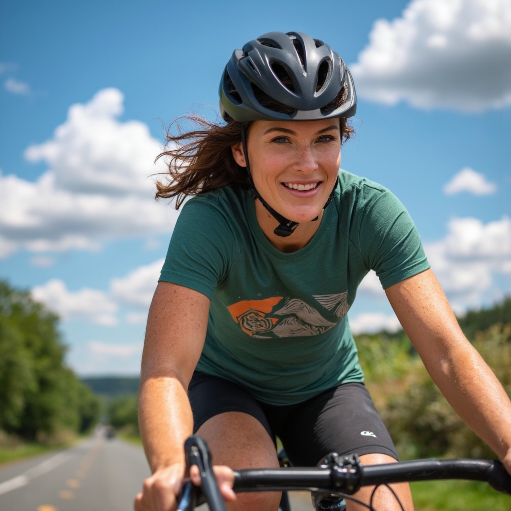 A dynamic,  action-packed close-up portrait of bridget_regan riding a bicycle on a paved road. She wears a green t-shirt w...