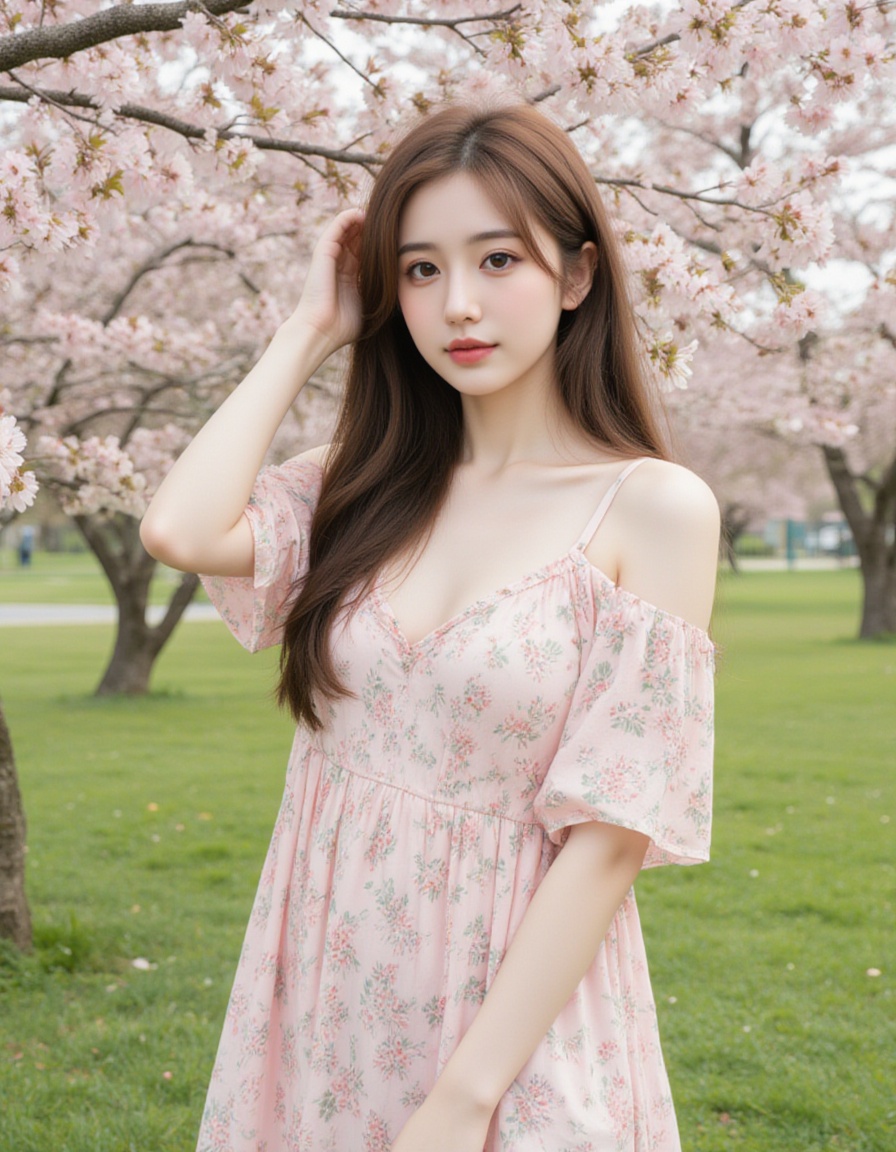 A young woman with long,  straight brown hair and fair skin stands in a park under blooming cherry blossom trees. She is w...