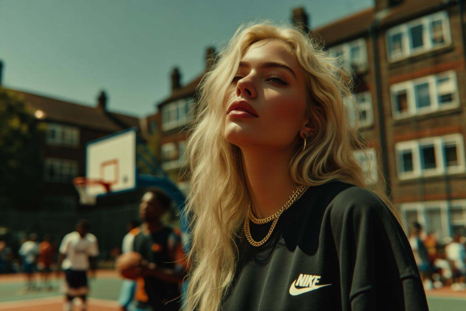 midjourneyanalog9 photograph.On the right stands a woman with long,  wavy blonde hair who wears a black Nike sweatshirt wi...
