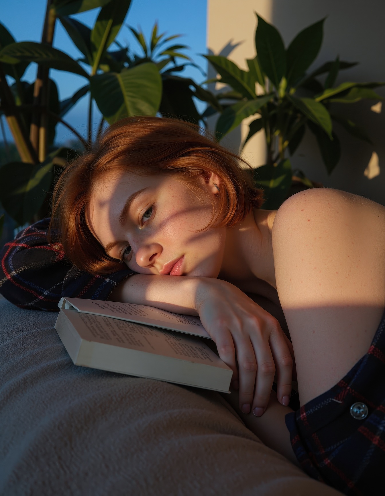 A young woman with short ginger hair and fair freckled skin reclines lazily on a plush couch,  her arm tucked beneath her...
