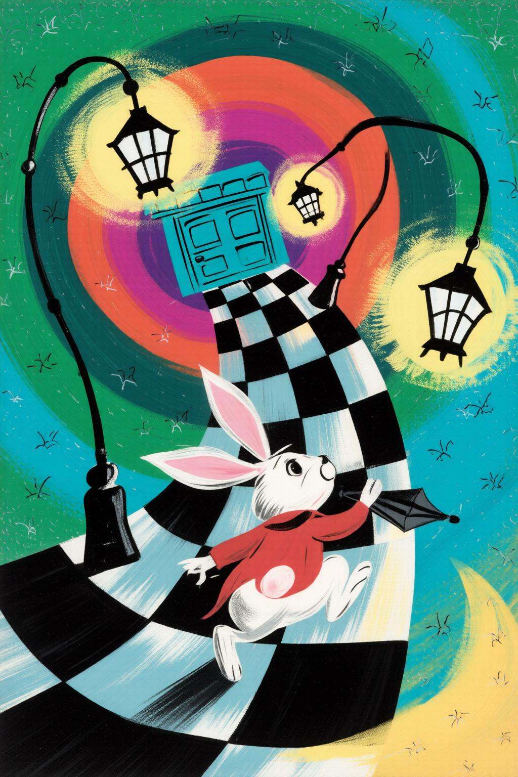 maryblair4q illustration.A black-and-white checkered path curves upward toward a tunnel with a blue door. Two lamp posts w...