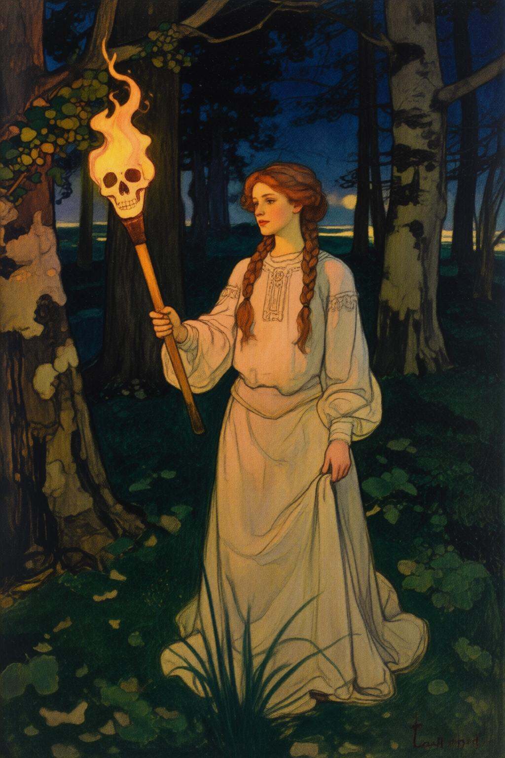 elizabethshippengreen2q illustration. ivanbilibin1. A young woman with braided hair stands in a forested area surrounded b...