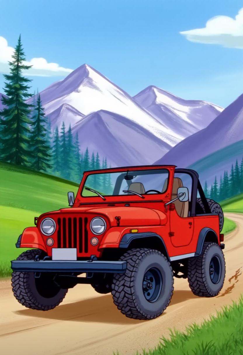 tjstyle cartoon image of a jeep driving in the mountains on Tensor.Art