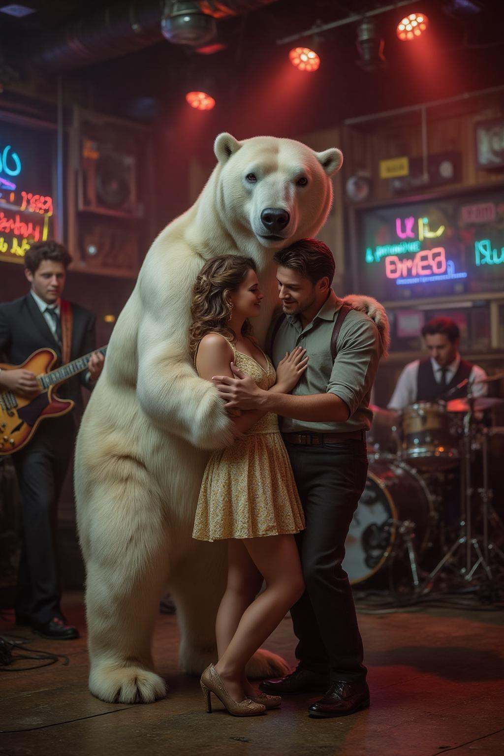 midjourney photograph.A couple dancing with a polar bear at a jazz club. A band is playing in the background. on Tensor.Art