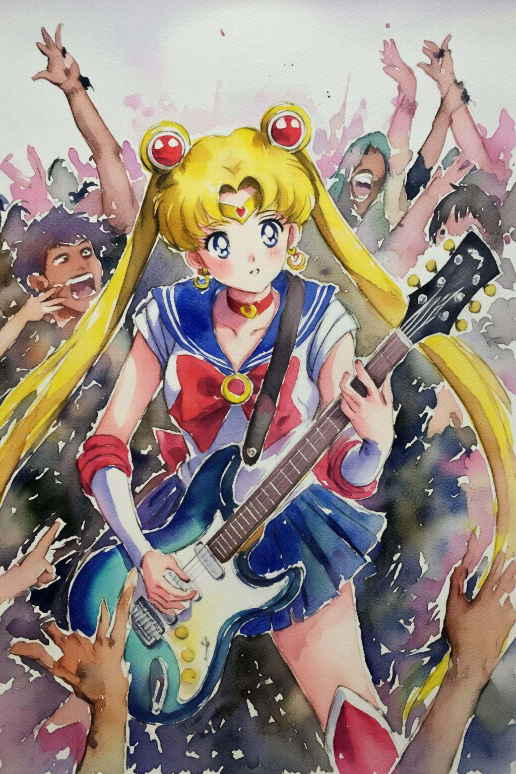 watercolorbasic2q watercolor painting. Punk sailor moon playing a guitar at a heavy metal mosh pit,  tattoos,  piercing on...