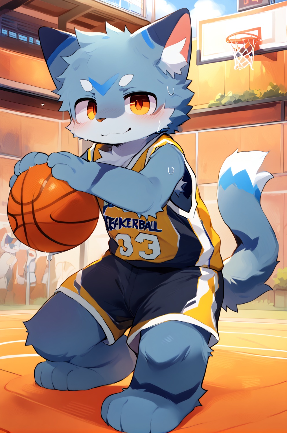 masterpiece, high quality, absurd res, digital painting \(artwork\), by dagasi, yupa,kiyosan,(fluffy fur:1.1),(bright:0.8),anthro male cat. (orange eyes,Gray blue fur, full body fur, cat snout:1.2), bright eyes,panorama,character focus.detailed background,(Yellow basketball jersey, sweating,dribble, playing basketball:1.2),(indoor, basketball court:1.2),furry