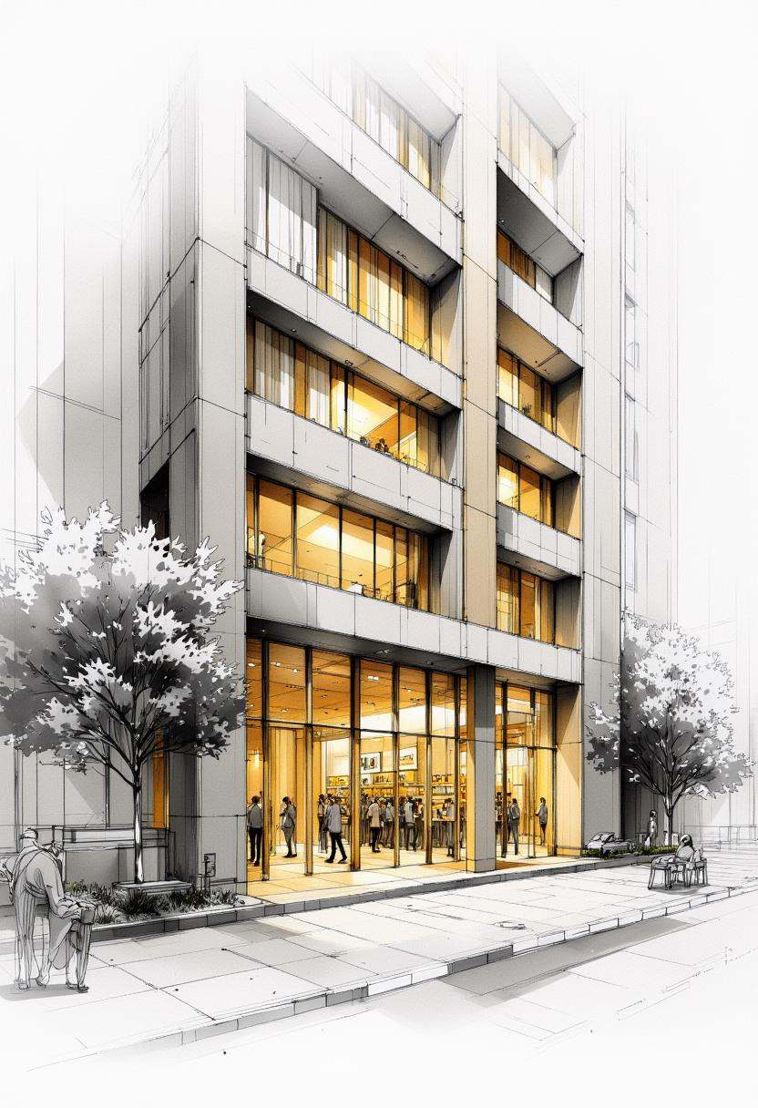 sketch of a modern shoppingmall,  illuminated by warm yellow lights from some window,  monochromatic with grey tones and s...