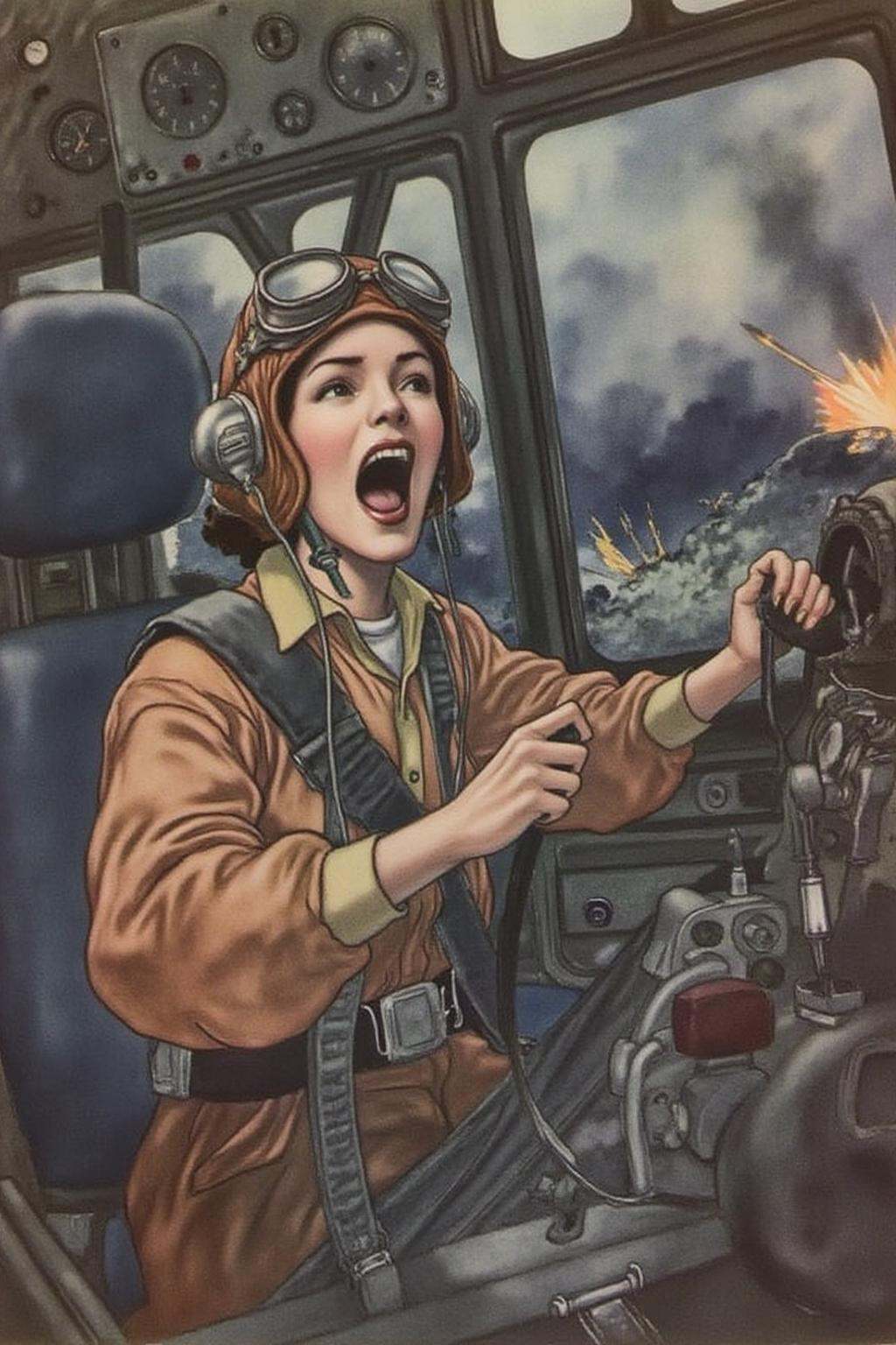 charob1 illustration.A female pilot screaming inside the cockpit of a World War II bomber. The pilot,  wearing a vintage l...