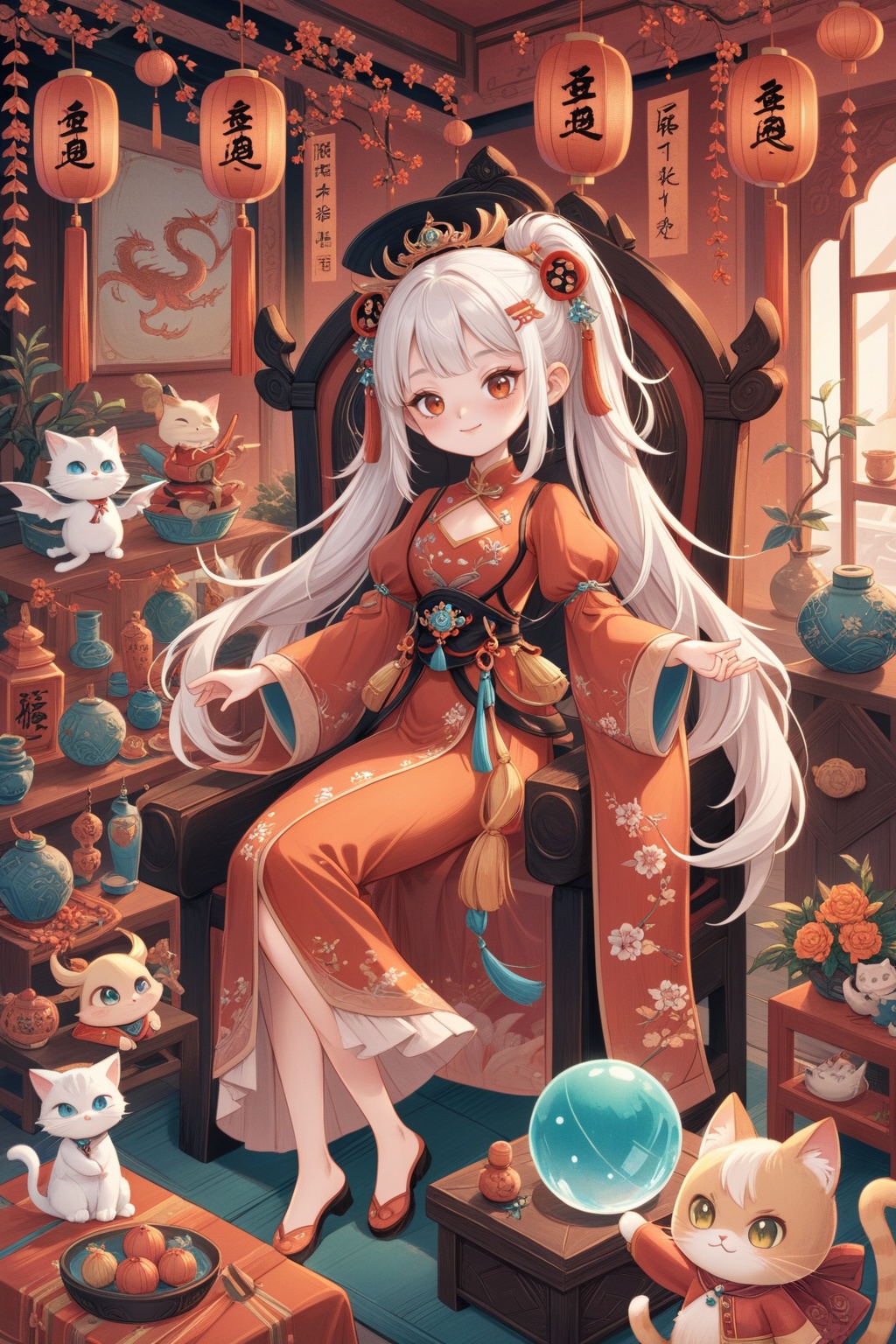 The image is an illustration of a girl sitting on a throne in a room decorated for Chinese New Year. The girl is wearing a red and orange outfit with a high neckline and long sleeves. She has long white hair styled in a high ponytail with red and gold accents. She is holding a large blue crystal ball in her hand and has a big smile on her face.,In front of her,there is a small girl with orange hair and a black hat with a flower in it. She appears to be dancing or celebrating. The room is filled with various objects,including a dragon,a cat,and a bird. There are also several lanterns and other decorations hanging from the ceiling. The overall mood of the image is festive and magical.,