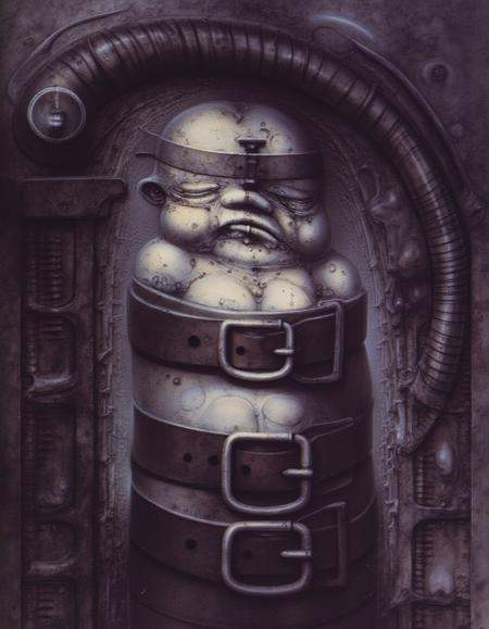 gigerart,  a piece of art by HR Giger. The artwork depicts a humanoid figure of a bald child,  wearing a headband screwed...