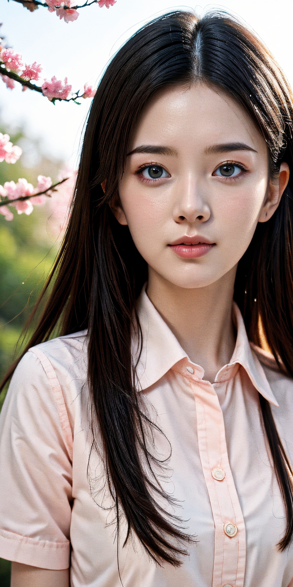 girl, brown eyes, black long hair, realistic skin, skin pores, beautiful, pretty, dynamic angle, realistic, closed mouth, short sleeve, school uniforms, peach blossom, outdoors,