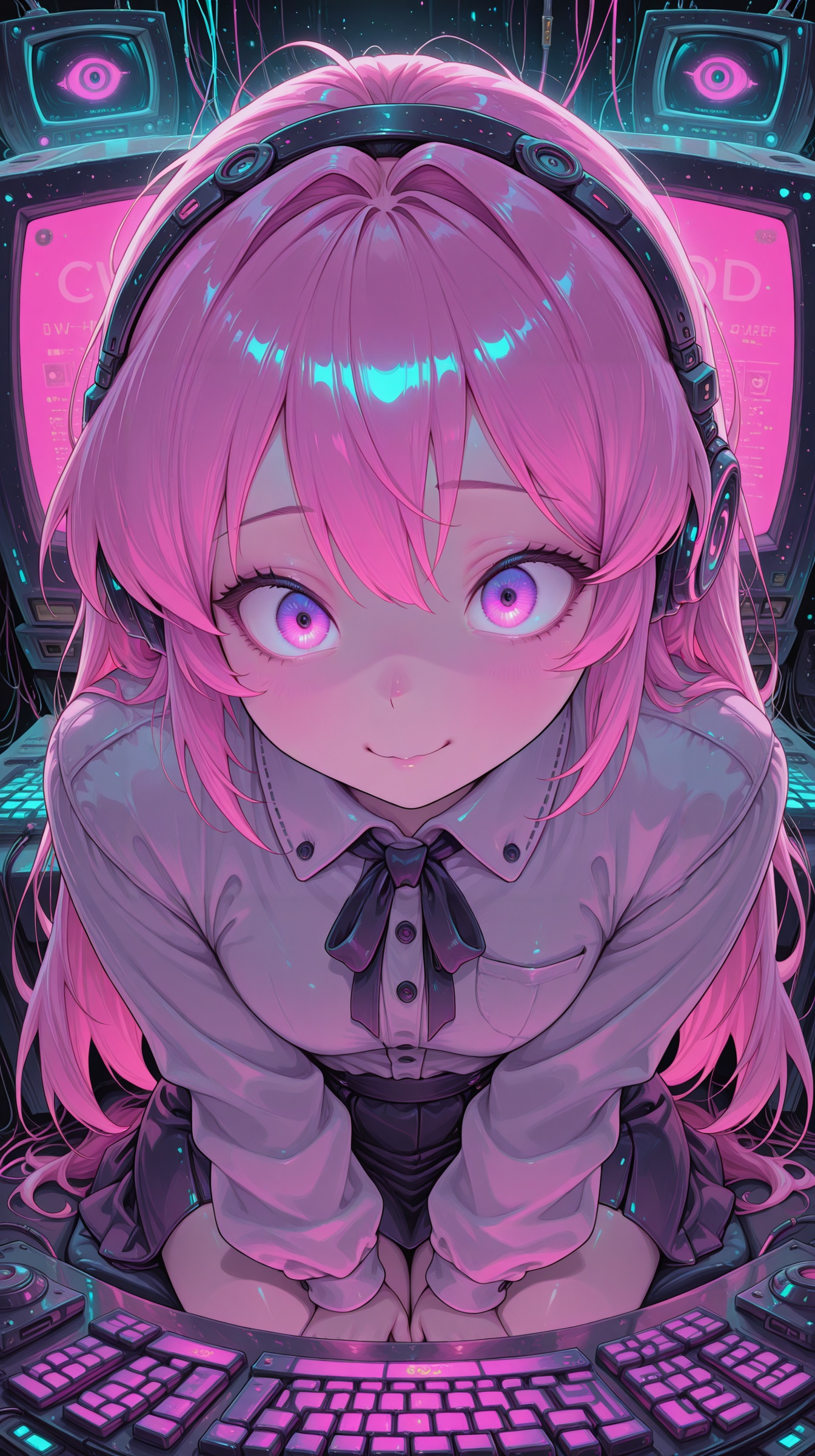 1girl,  cyber hacker,  sitting in a dark neon-lit room on Tensor.Art