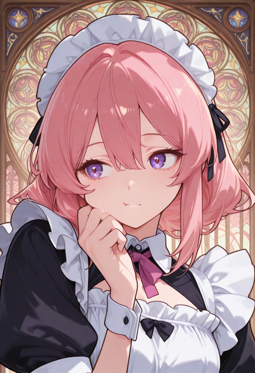 art nouveau stained glass,  CivChan's face framed by geometric pink hair waves,  stained glass maid uniform cracking to re...