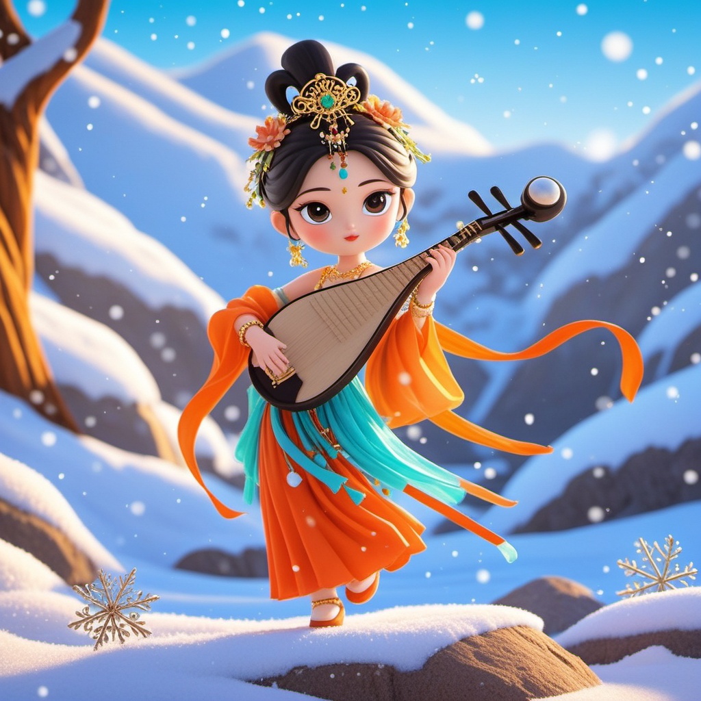 Q edition,shinv, A lively digital illustration of a cute, young Asian girl rocking an intricate, traditional Chinese getup. She's got a slim figure, big, expressive eyes, and a fair complexion. Her hair's styled in an updo with floral bling. She's strumming a traditional Chinese lute, with a colorful, flowing skirt in shades of orange, green, and blue. The backdrop is a snowy winter wonderland with snow-covered rocks and trees, giving off a magical vibe.<lora:shinv_v1:0.8>,