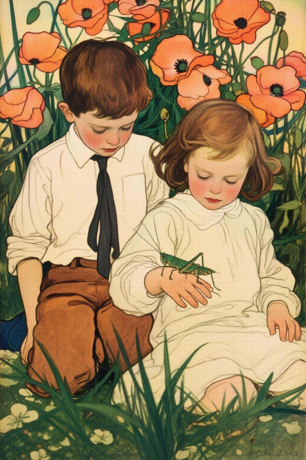 elizabethshippengreen2q illustration.Two young children,  a boy and a girl,  in a lush natural setting with tall grass and...