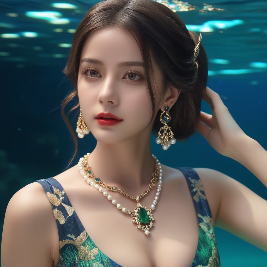 (,1girl, ,best quality, ),,masterpiece, ((((, solo,  , ,solo focus, ,underwater, )))) ,ultra realistic 8k cg,   clean, masterpiece,     cinematic lighting, cinematic bloom,  (( , )),, , unreal, science fiction, luxury, jewelry, diamond, gold, pearl, gem, sapphire, ruby, emerald, intricate detail, delicate pattern, charming, alluring, seductive, erotic, enchanting, hair ornament, necklace, earrings, bracelet, armlet,,(cleavage),, <lora:823-DA-XL-国模-恶女-VIVI:0.8>,