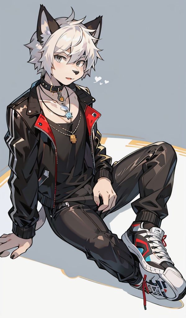 1boy, cat, animal ears, white hair, male focus, sitting, black footwear, jacket, black cat, pants, shoes, jewelry, looking at viewer, necklace, short hair, animal, solo, grey eyes, collar, sneakers, black pants, black shirt, long sleeves, furry,pixel creature