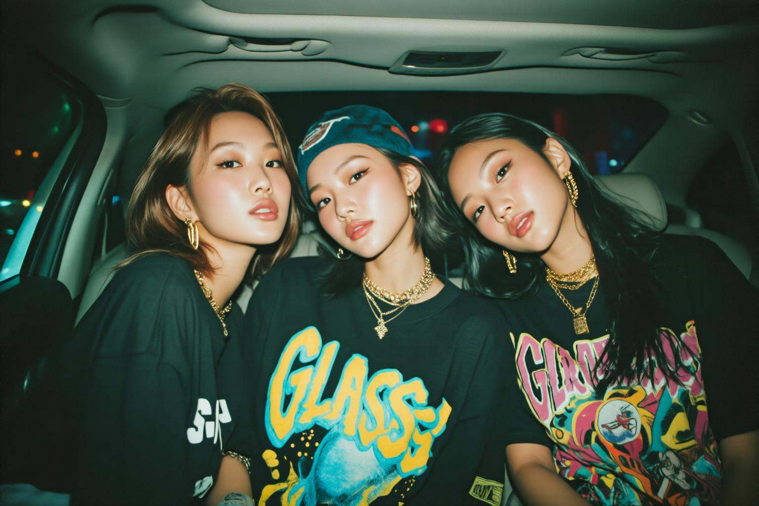 midjourneyanalog9 photograph.Three young K-pop idols are sitting in a car,  dressed in casual and trendy clothing. They ar...