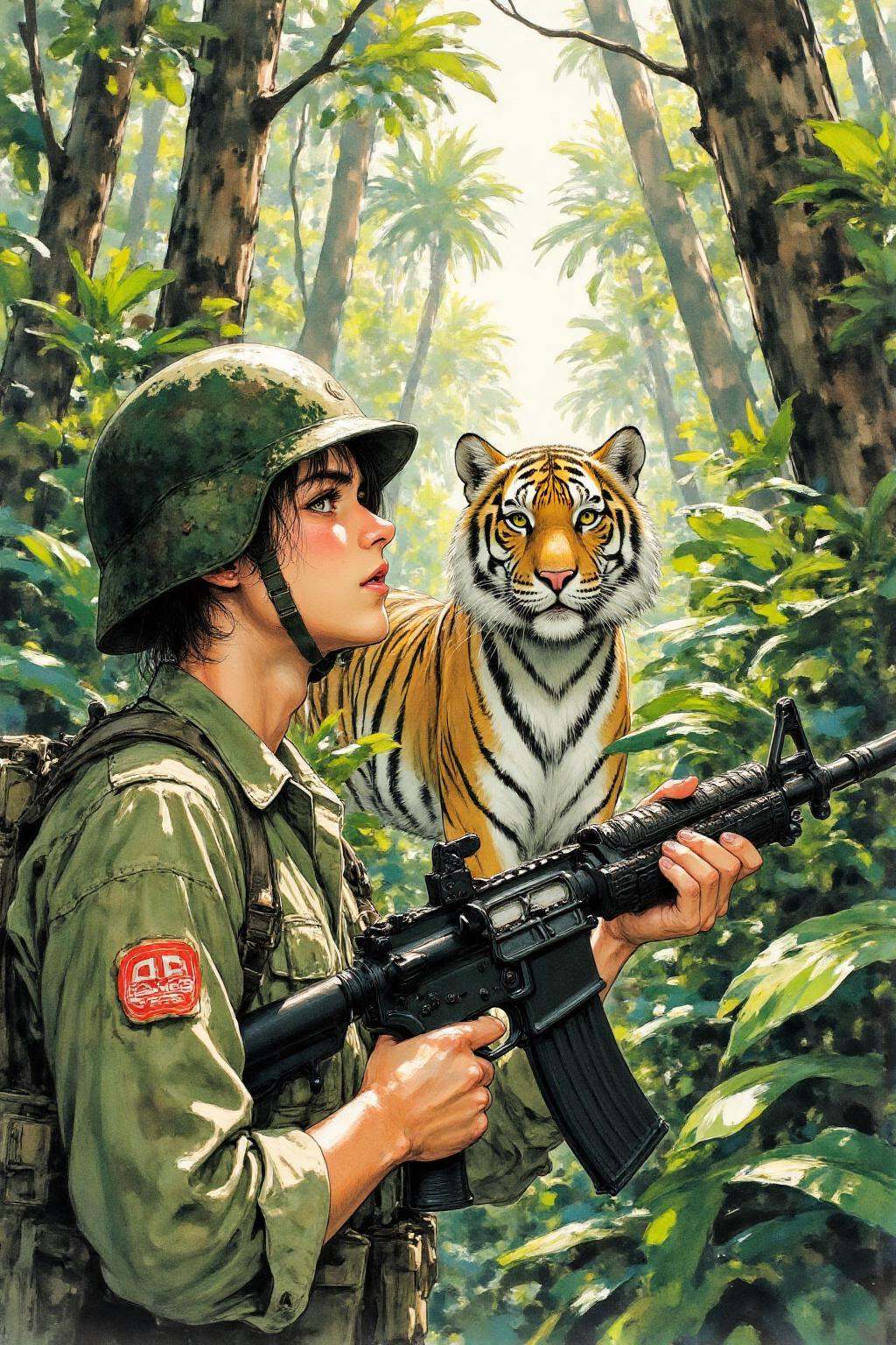 nijiwatercolor1q anime illustration.Create a tense jungle scene set in Vietnam,  featuring a dense,  lush environment with...