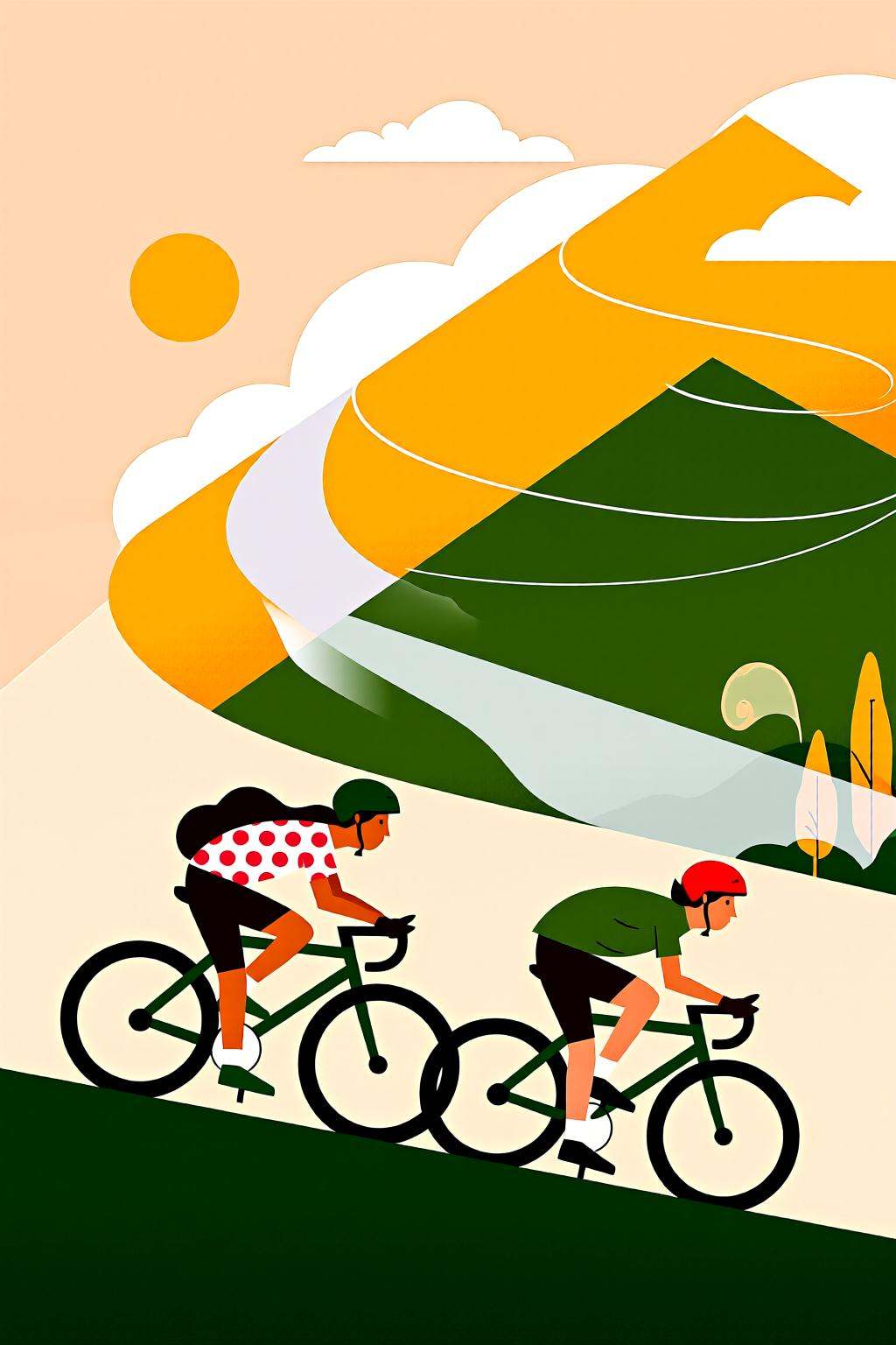 flatcolorvectorart2q illustration.Two cyclists are riding bicycles. One cyclist is wearing a polka-dot shirt,  and the oth...