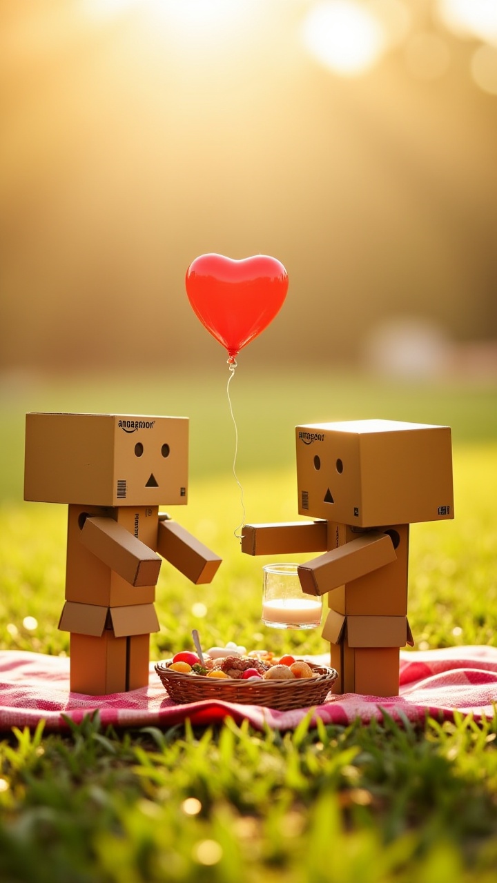 "Romantic scene of aidmaDanbo on a picnic,  with a heart-shaped balloon floating next to him,  sharing a meal with another...