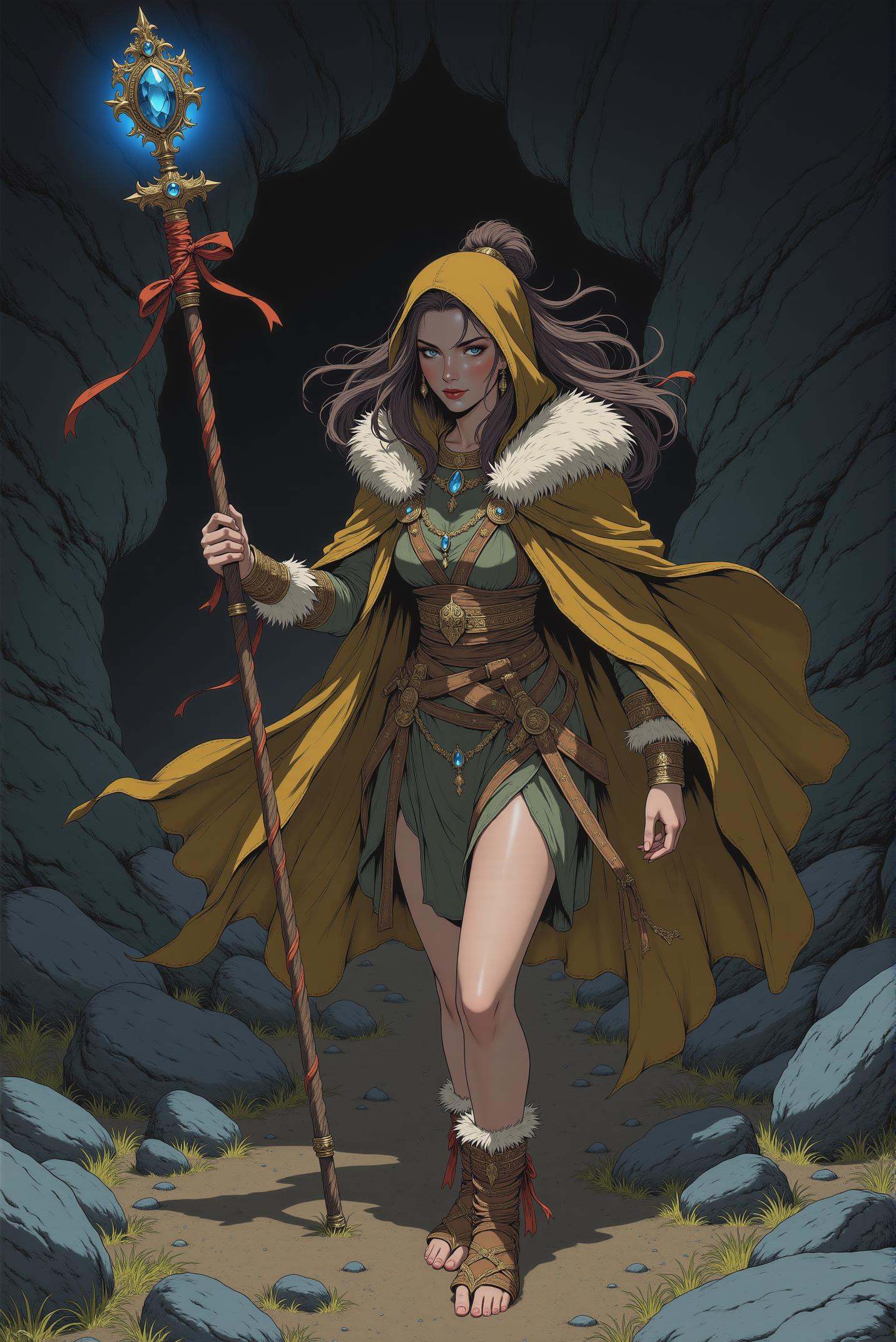 This stunning image features a graceful warrior in a very dark and dim environment. A charming and mysterious sorceress cr...