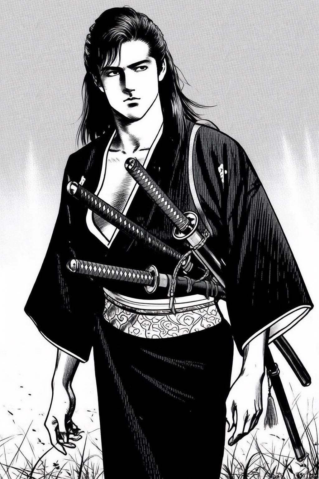 ryoichiikegami2q illustration. Black and white drawing.A tall Japanese Samurai Ronin with a stern,  serious expression. He...