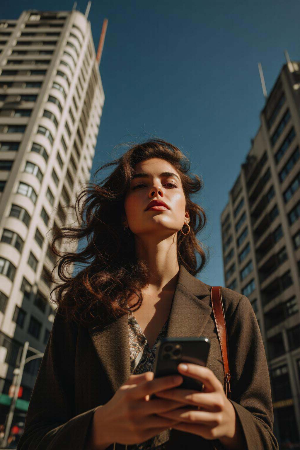 midjourneylowangle11q Low angle shot.A woman is standing outdoors in an urban environment. She is wearing a bright yellow...