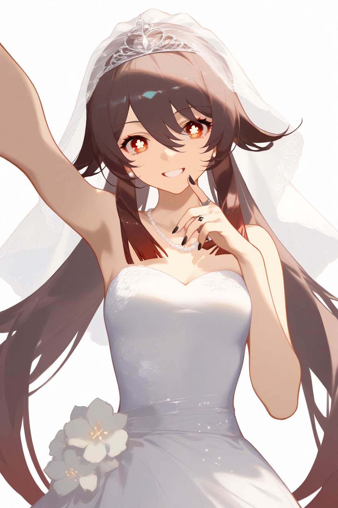 masterpiece,best qualty,1girl, hu_tao_\(genshin_impact\), veil, solo, dress, brown_hair, jewelry, smile, symbol-shaped_pupils, long_hair, necklace, looking_at_viewer, white_background, black_nails, tiara, white_dress, red_eyes, wedding_dress, finger_to_mouth, bridal_veil, simple_background, upper_body, armpits, earrings, flower-shaped_pupils, nail_polish, grin, bare_shoulders, arm_up, strapless_dress, pearl_necklace, hair_between_eyes, alternate_costume, strapless, twintails, index_finger_raised, breasts, sleeveless