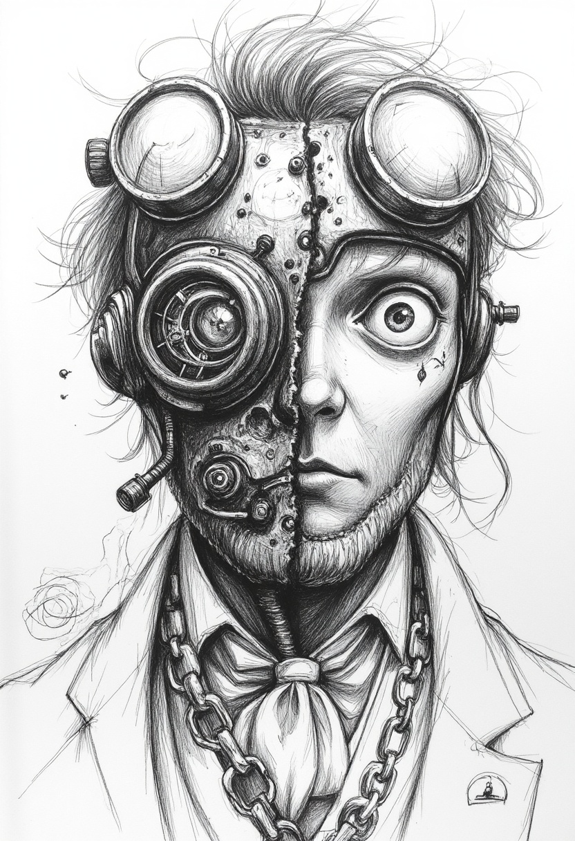 pencil drawing of a steampunk time traveler wearing a half-face brass mask with visible gears. One human eye widens in con...