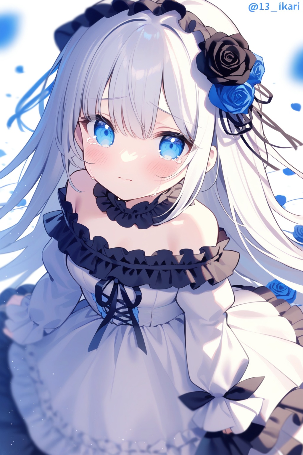 1girl, solo, rose, black_flower, dress, flower, black_rose, long_hair, blue_rose, blue_eyes, frills, blue_flower, bare_shoulders, white_dress, white_background, tears, blush, hair_flower, hair_ornament, closed_mouth, very_long_hair, looking_at_viewer, white_hair, twitter_username, off_shoulder, frilled_dress, blurry, off-shoulder_dress, crying_with_eyes_open, simple_background, sleeves_past_wrists