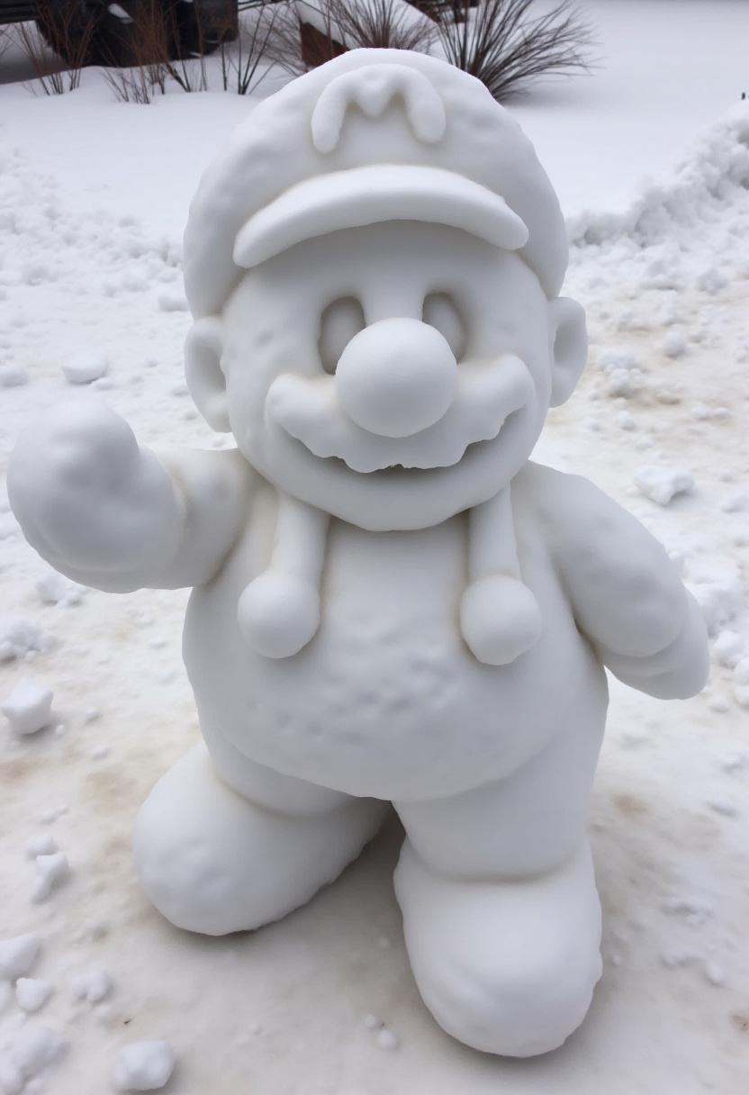 Realistic photograph of a *********** snow sculpture,  crafted entirely from snow. The snow sculpture's texture is uneven,...