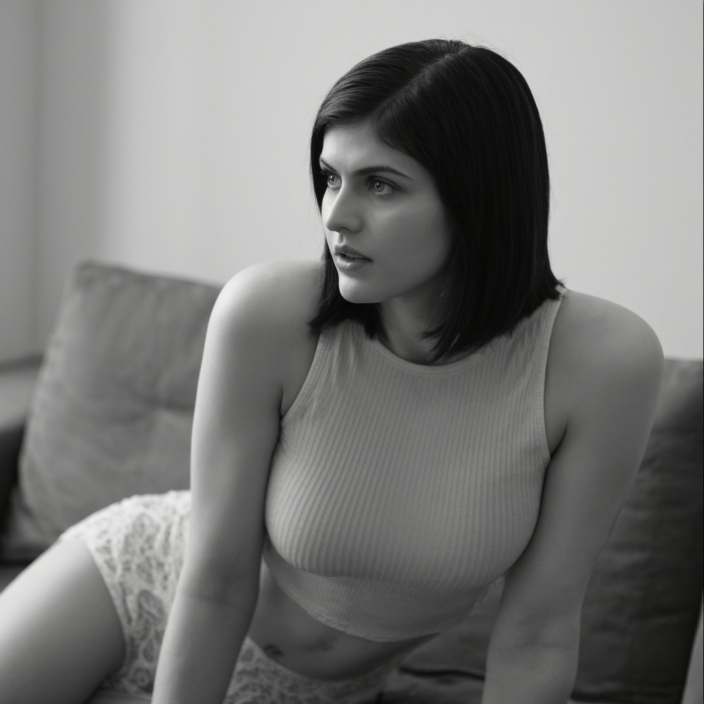 A black and white portrait of alexandra_daddario in a side profile. She wears a sleeveless,  ribbed **** top and matching...