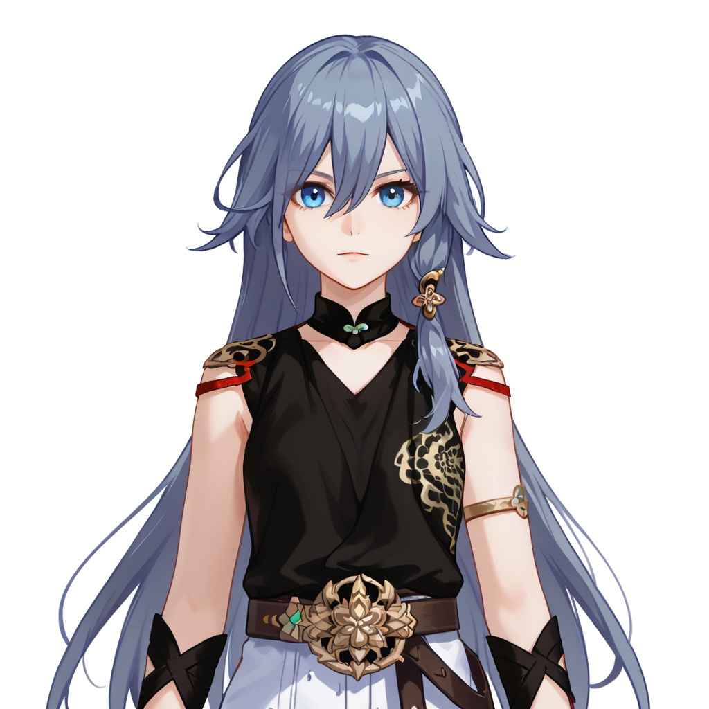 (white background:1.2),looking at viewer,(SOLO:1.4),outline,simple background,upper body, cowboy shot,looking at viewer,(((arms at side))),  fu hua, fu hua mordver, long hair, bangs, blue eyes, hair between eyes, hair ornament, grey hair, blue hair<lora:xuanyi-pony:0.8>