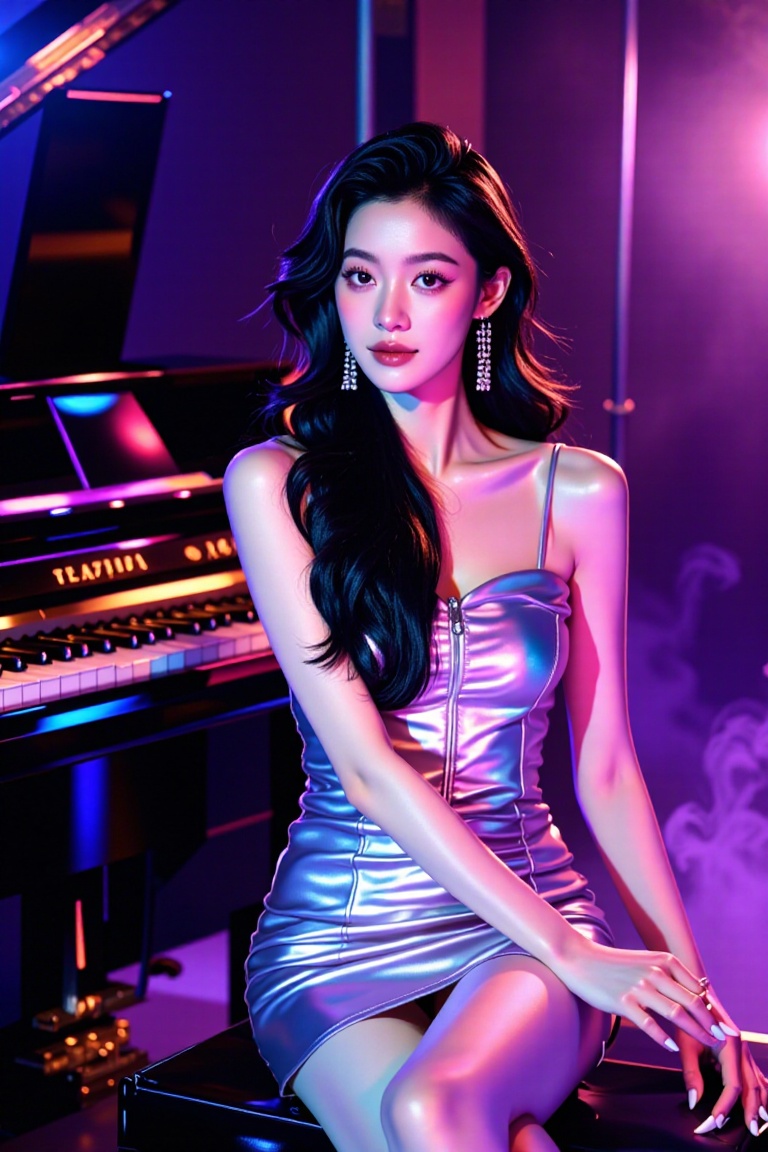 photograph,1girl,solo,silver dress,leather dress,long hair,looking at viewer,brunette,dress,bare shoulders,jewelry,sitting,pantyhose,earrings,nail polish,white dress,high heels,lips,none shoulder straps, strapless dress, reality, nose, music, playing an instrument, piano, warm and cool colors,<lora:models/2540/938edb05-03.safetensors:1:1>