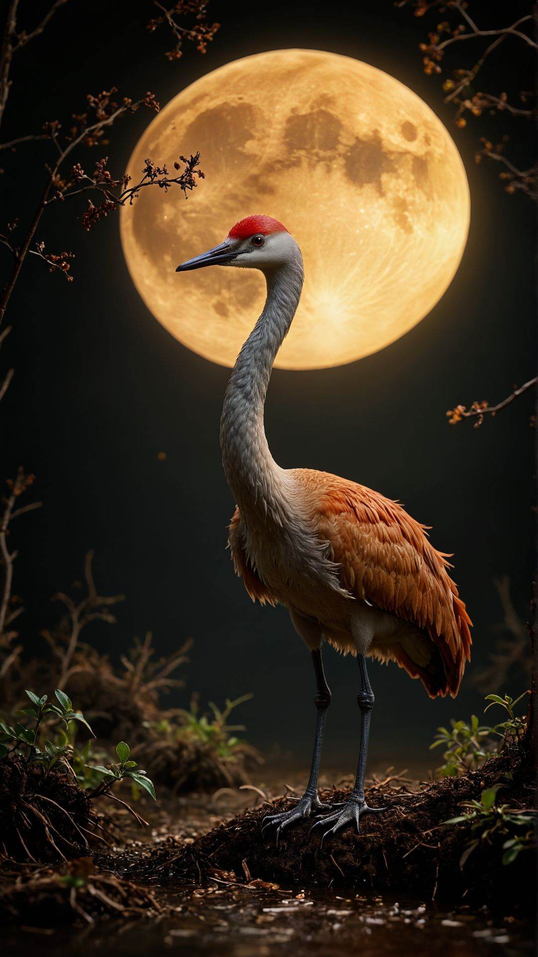 photograph,  body shot of a Sandhill Crane,  Moon in the night on Tensor.Art