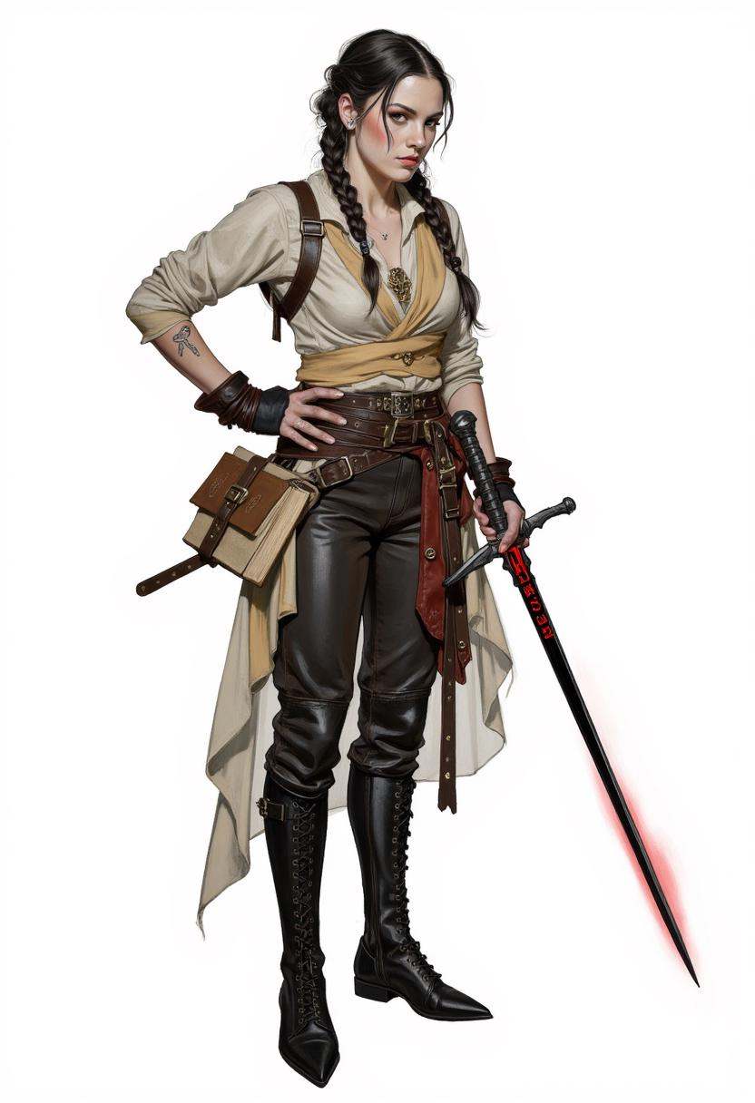 A digital drawing featuring a woman with braided hair and wearing a loose fitting tunic and laced leather pants,  a bound...