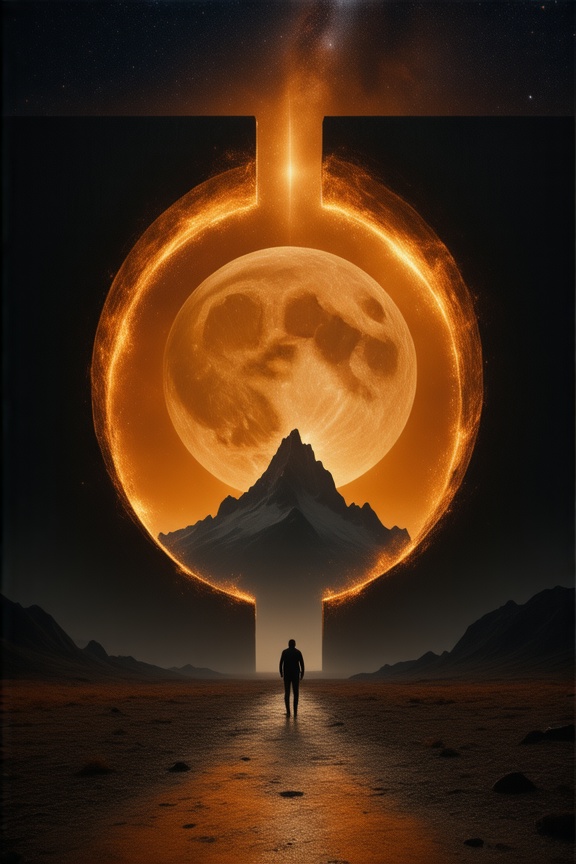 A surreal fantasy scene featuring a giant omega symbol-shaped portal opening to a breathtaking,  autumn landscape. Inside...
