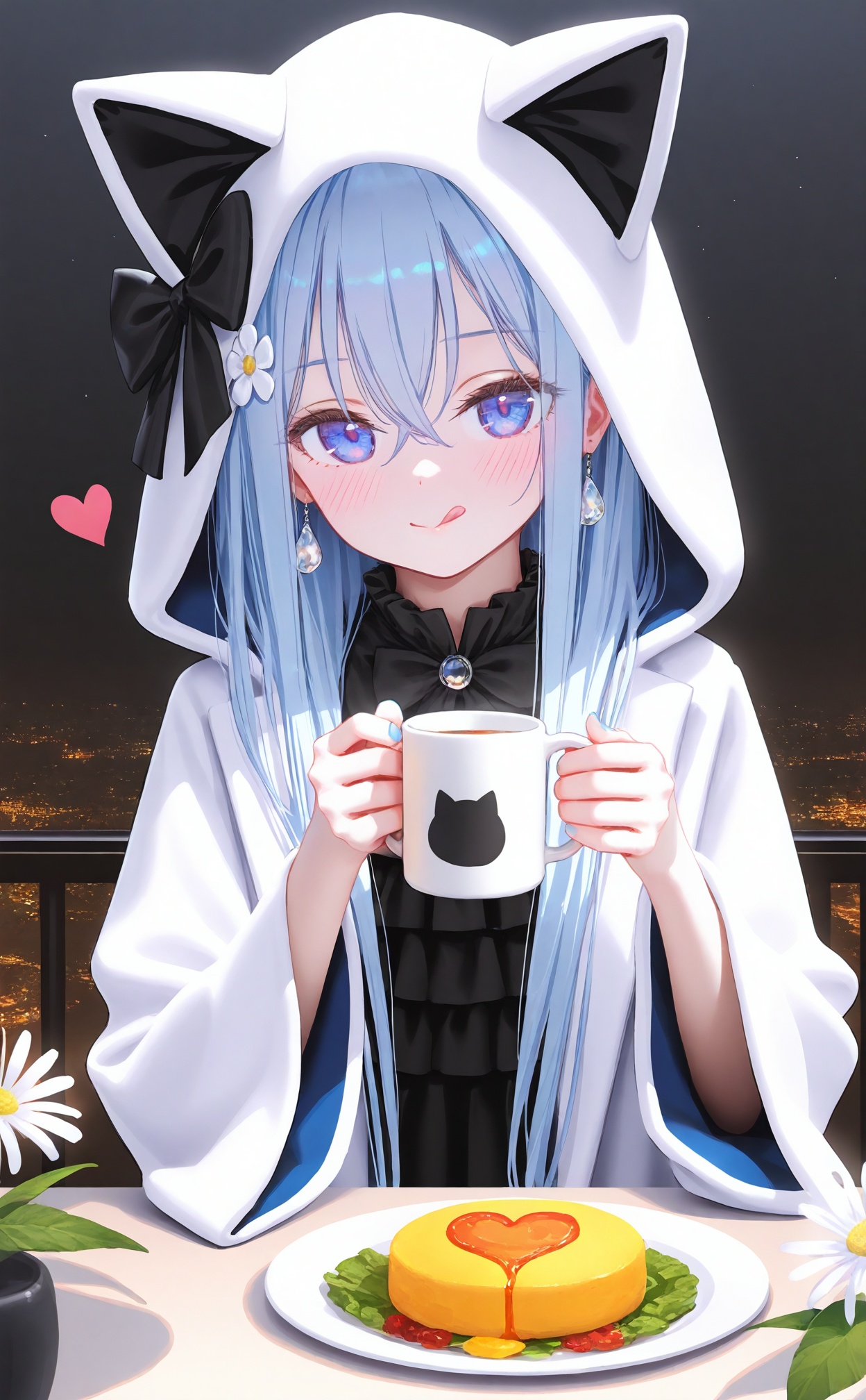 masterpiece,best quality,high quality,loli,(artist:ningen_mame:0.9),(artist:sho_(sho_lwlw):0.9),(artist:rhasta:0.9),(artist:wlop:0.7),(artist:ke-ta:0.6),(fkey:0.5),(tianliang duohe fangdongye:0.5),(hiten \(hitenkei\):0.6),loli,1girl,solo,holding,tongue out,hood,animal hood,cup,hair ornament,tongue,hood up,holding cup,long sleeves,mug,long hair,flower,looking at viewer,black bow,white jacket,nail polish,bow,blush,upper body,food,closed mouth,wide sleeves,animal ears,smile,blue nails,hair between eyes,fake animal ears,:q,earrings,hands up,jacket,hooded jacket,heart,white flower,hair flower,jewelry,blue hair,cat hood,frills,