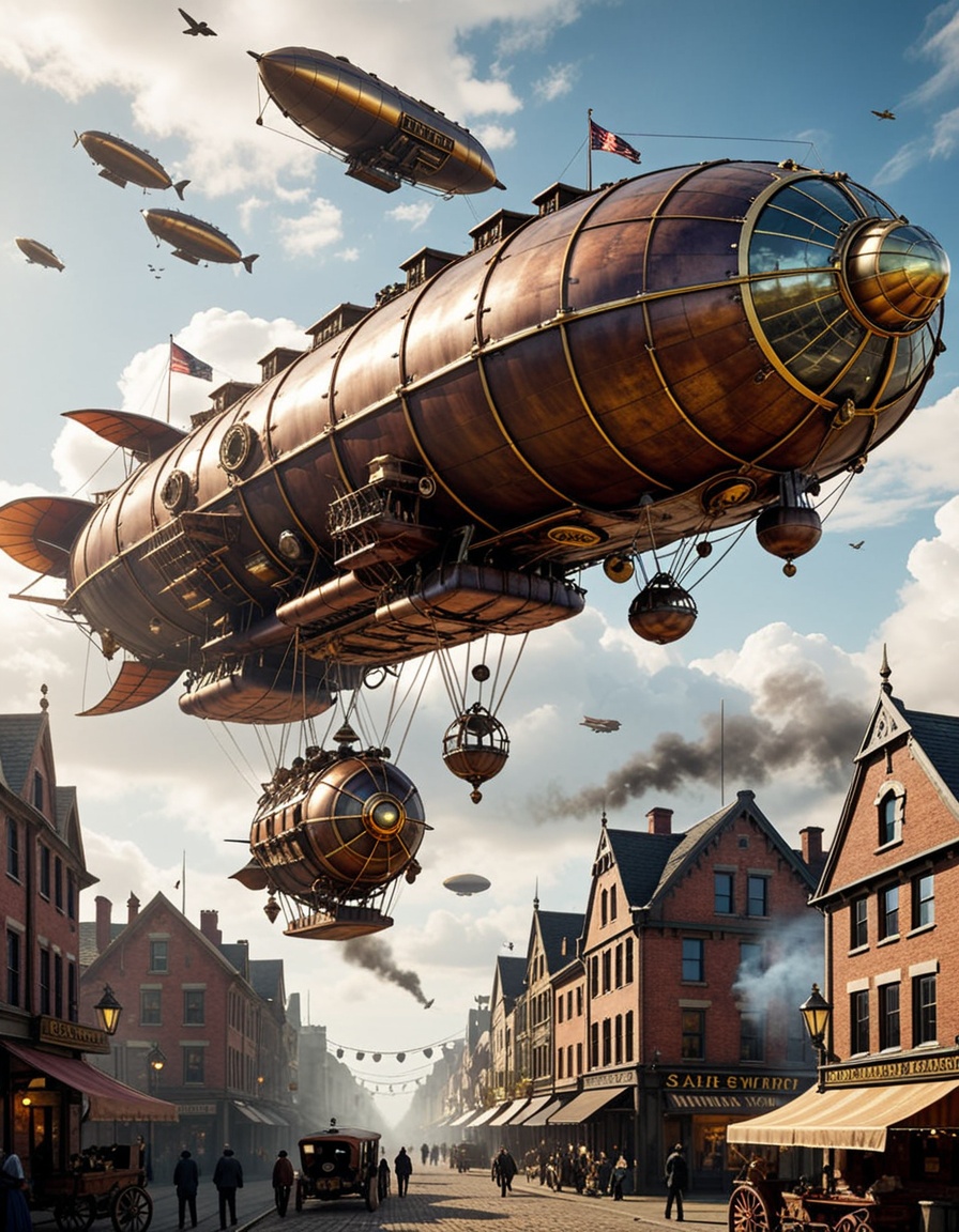 steampunk airships fly overhead on Tensor.Art