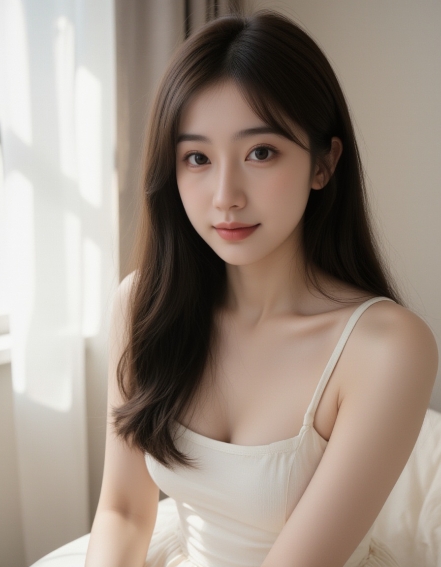 A high-quality photograph of a young woman with long,  straight black hair and fair skin,  sitting in a well-lit room with...