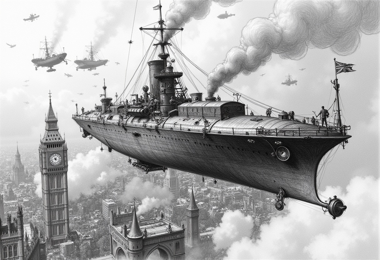 pencil drawing of a steampunk airship battle high above Victorian London. Intricate details of gears and steam pipes contr...