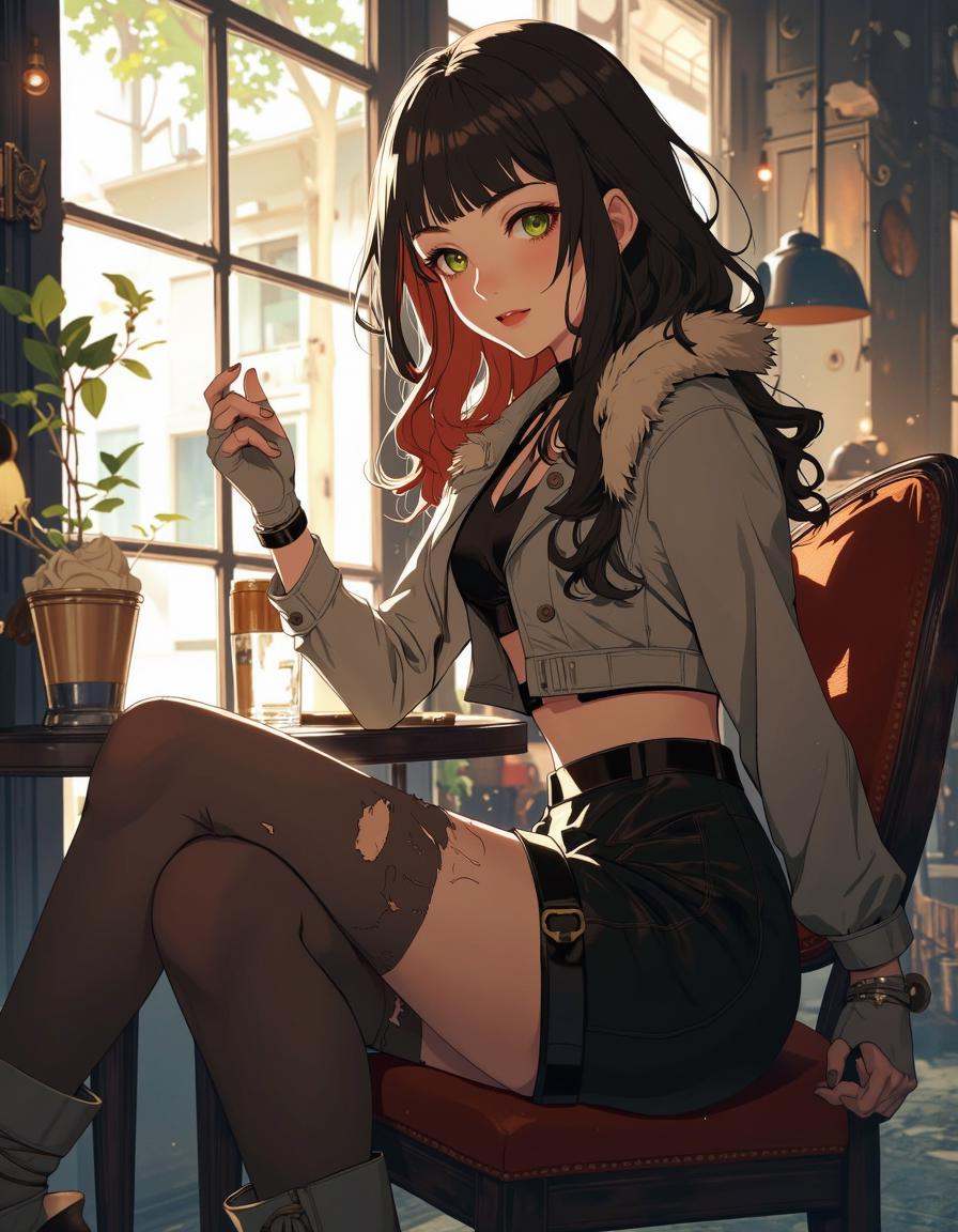 Anime style.1girl sitting in a cafe,  coffee shop background,  jane_doe on Tensor.Art